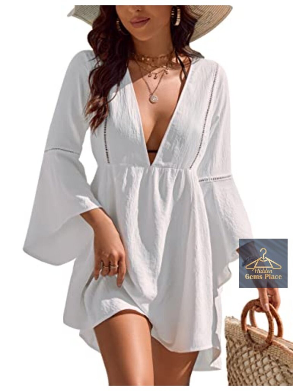 Chiffon Swimsuit Coverup V Neck 3/4 Bell Sleeves Beach Dress